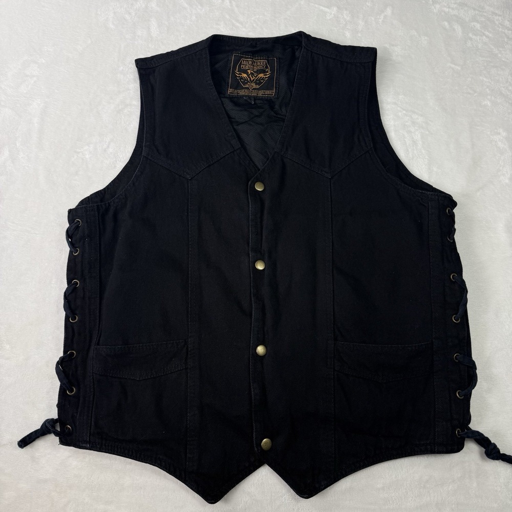 Milwaukee Performance Vest Mens Large Black Denim Conceal Carry Pockets Biker